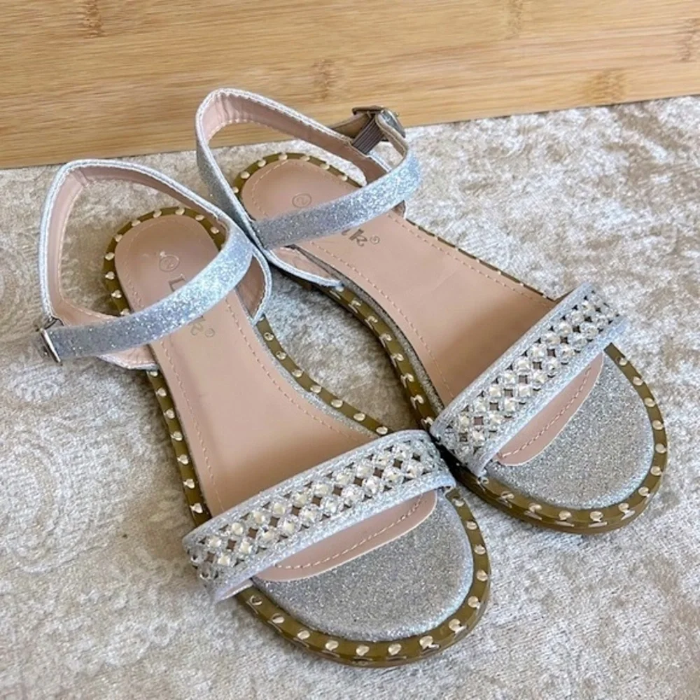 Brand New Link Silver Tone Beaded Embellished Sparkly Ankle Strap Buckle Sandals